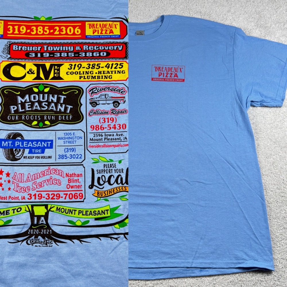 Breadeaux Pizza T-Shirt Adult XL Mount Pleasant Iowa Local Business Gildan Blue